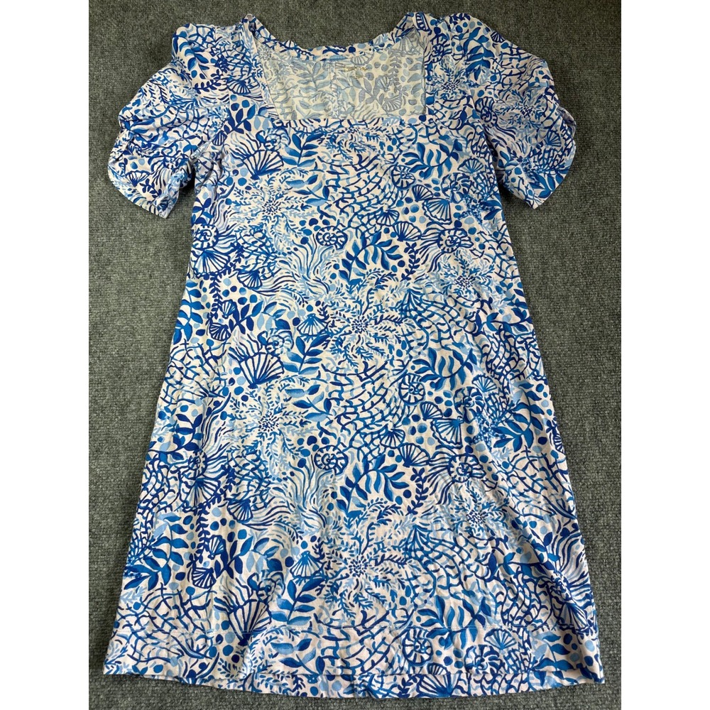 Lilly Pulitzer Women's XL Blue Floral Cotton Puff Sleeve Shift Dress